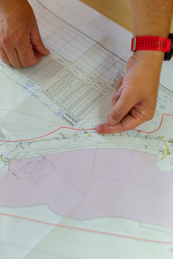our-services-3 Hands pointing at architecture blueprint for construction planning.