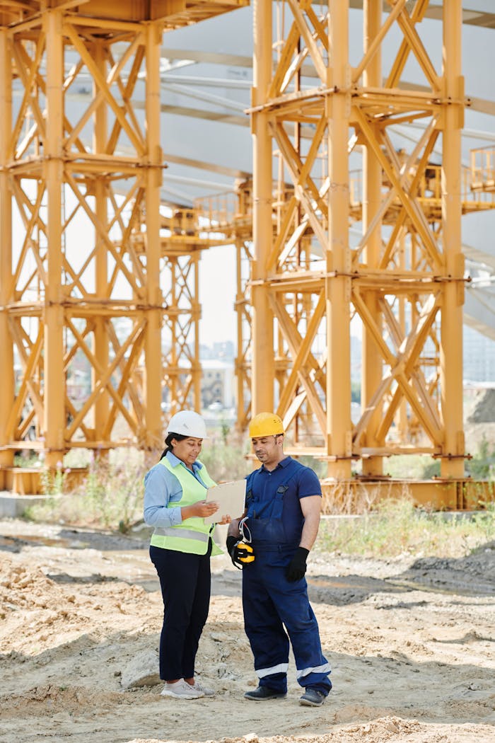 hero-img-02 Two construction workers examining plans at a site with large steel structures.